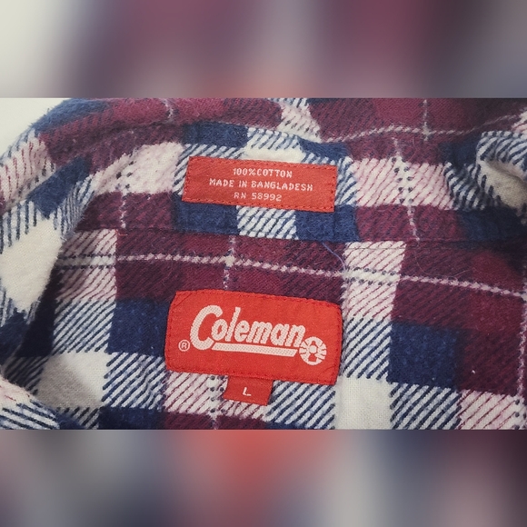 VTG Coleman Outdoors  Men's Button Down Flannel Shirt Size Large Plaid Burgundy - Picture 10 of 10